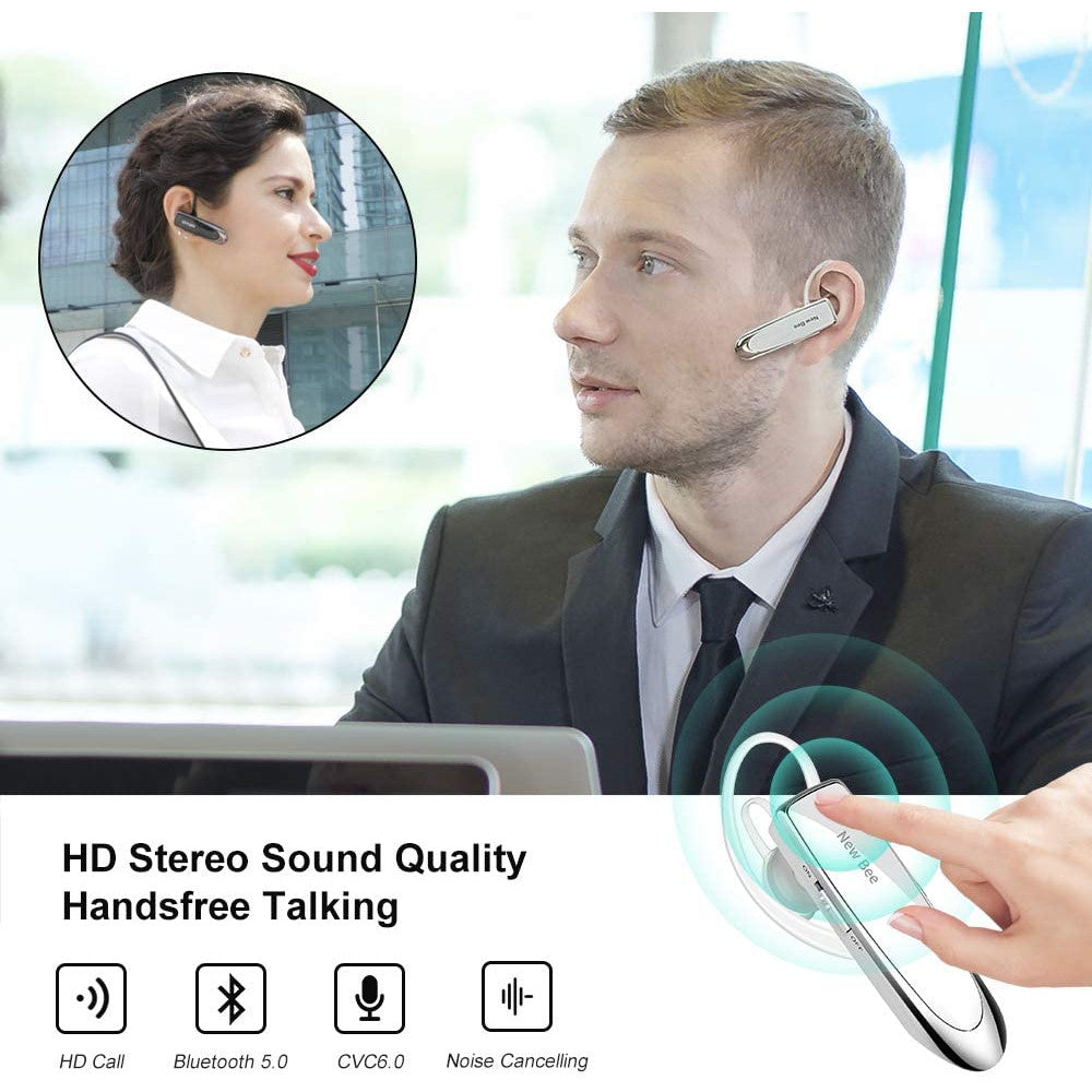Casca New Bee Bluetooth V5.0, Handsfree, wireless, Reincarcabile, Stereo, Alb