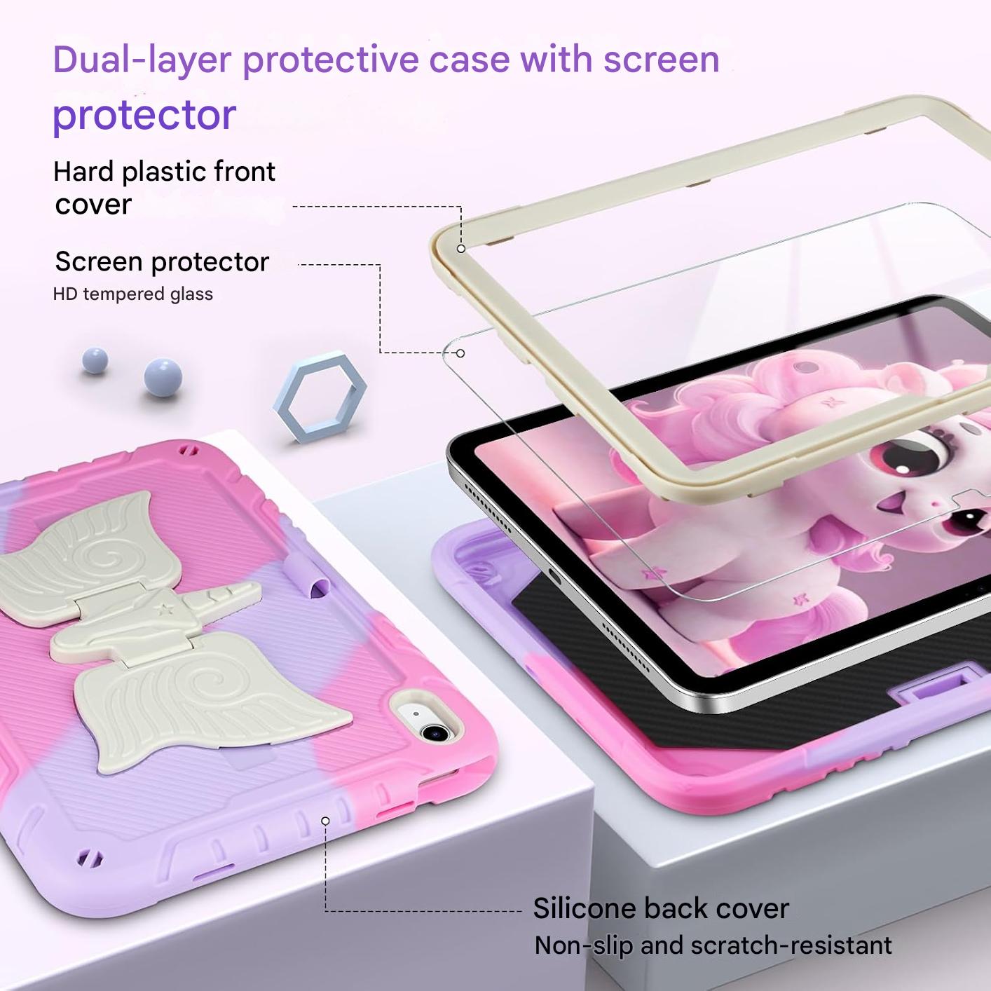 Husa pentru iPad (A16) a 11-a generatie de 11 inch 2025, iPad a 10-a generatie de 10,9 inch 2022 pentru copii, cu protectie pentru ecran, curea de umar, suport unicorn pentru creio - roz