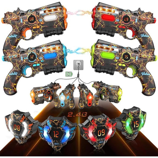 Set pistol Infrared Laser Tag cu 4 arme de jucarie si 4 veste reincarcabile, cu lumini si efecte sonore, pentru interior si exterior, design multicolor