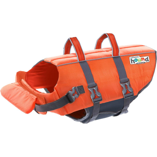 Vesta de salvare pentru caini marimea S, Outward Hound Granby Splash, greutatea minima 6.5 kg, portocaliu, cu accente reflectorizante, bretele reglabile, banda abdominala si maner de transport pentru salvare