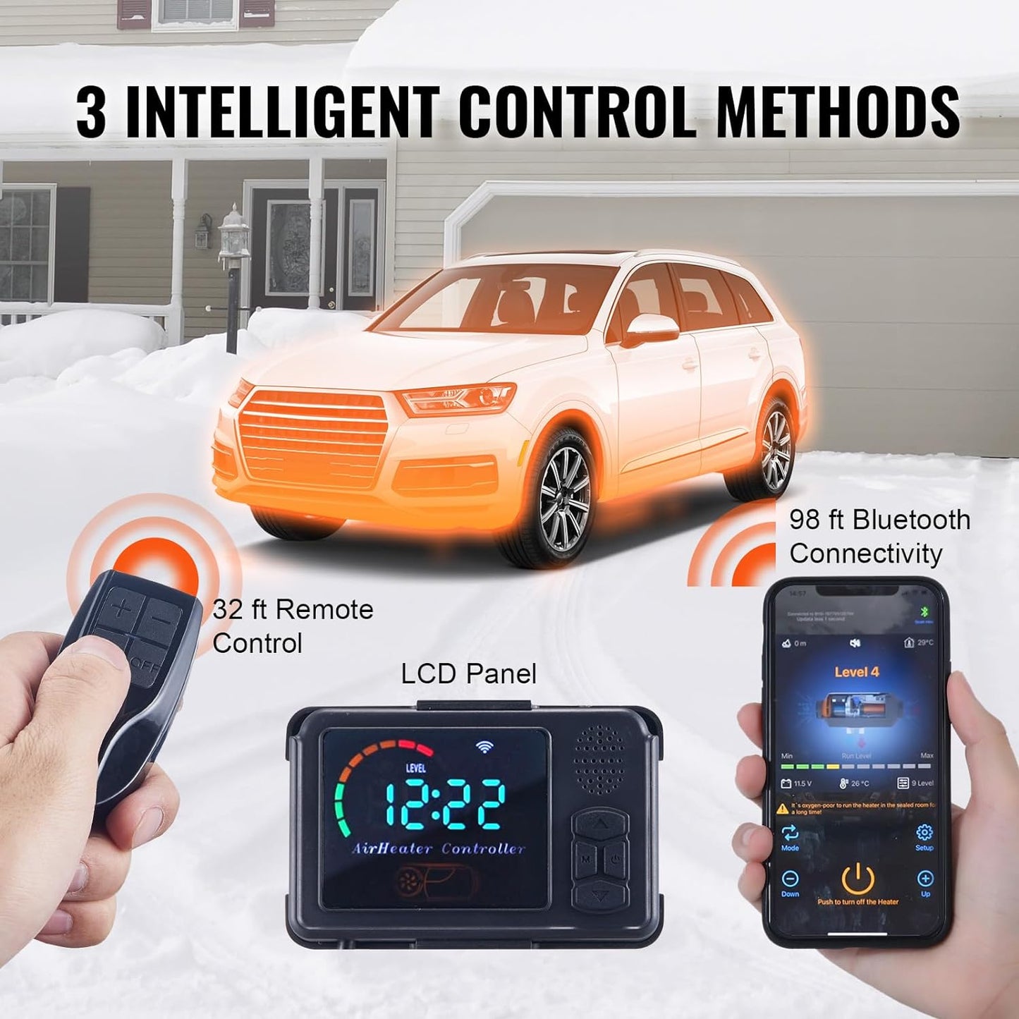 Sirocou smart, incalzitor de aer diesel, incalzire stationara, 12V, 8kW, Bluetooth, control prin aplicatie smartphone si telecomanda, display LCD, silentios, temperatura reglabila, rezervor 5 litri, multifunctional