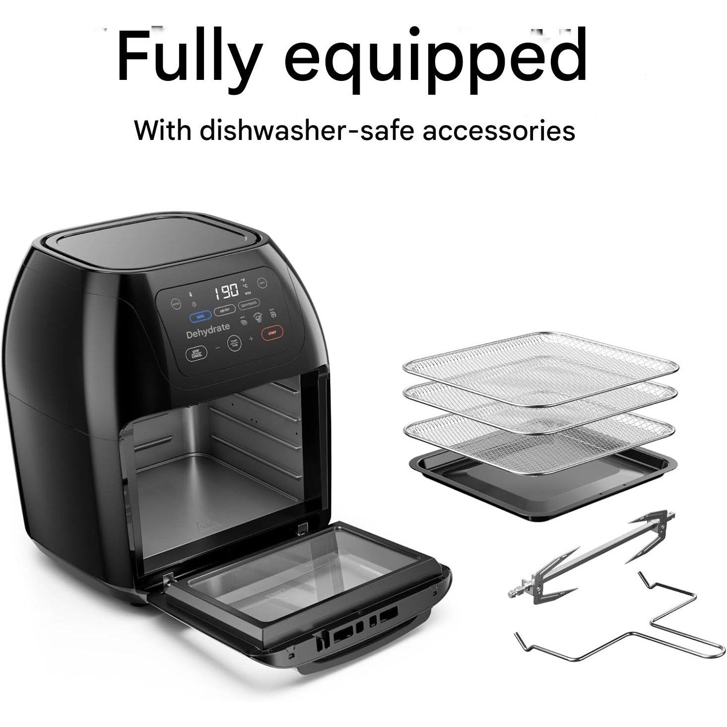 Friteuza Chefman cu aer cald, 10L, 1800 W, 17 optiuni presetate, cu ecran digital, rotisor inclus, deshidrator, convectie rapida, oprire automata, fereastra mare de vizualizare, accesorii din otel inoxidabil, gatit sanatos