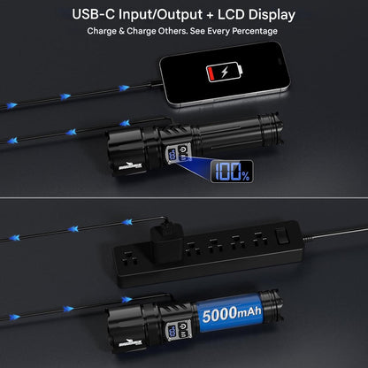 Lanterna 2 in 1 LED/UV reincarcabila 500.000 lumeni cu zoom, 4 moduri, afisaj LCD, reglare intensitate, powerbank, IP67 – Ideala pentru camping, pescuit, inspectii, negru, clasa energetica A
