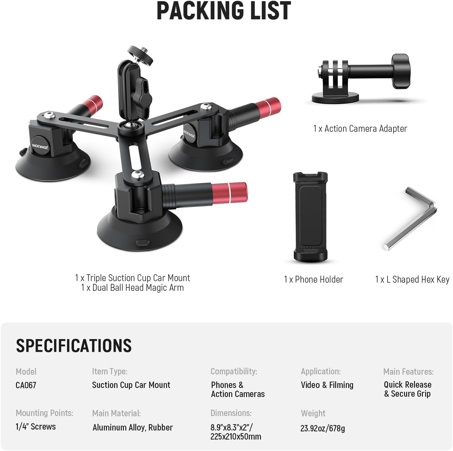 Suport auto cu 3 ventuze pentru camera de actiune si telefon, cu montura cap bila rotativa 360°, sistem eliberare rapida, pentru GoPro, DJI Osmo, Insta360, iPhone, Samsung, negru