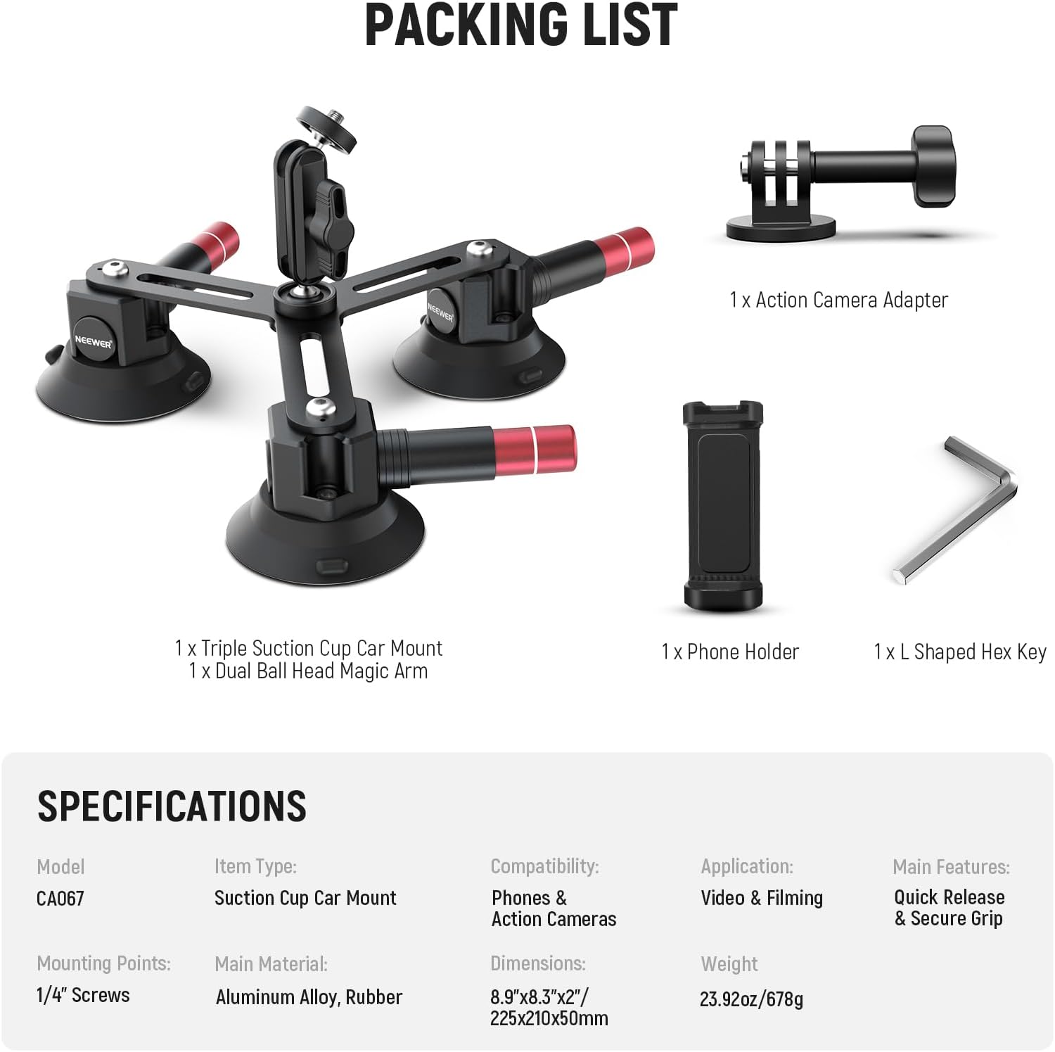 Suport auto cu 3 ventuze pentru camera de actiune si telefon, cu montura cap bila rotativa 360°, sistem eliberare rapida, pentru GoPro, DJI Osmo, Insta360, iPhone, Samsung, negru