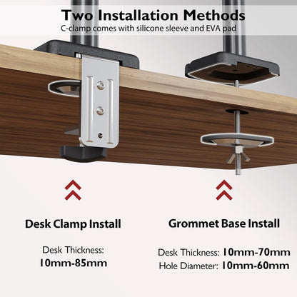 Suport 2 monitoare 13-32 inch, VESA 75/100 mm, greutate suportata pana la 9 kg, rotire 360°, inclinare 90°, amortizor cu gaz integrat, inaltime reglabila, prindere prin clema sau surub, negru