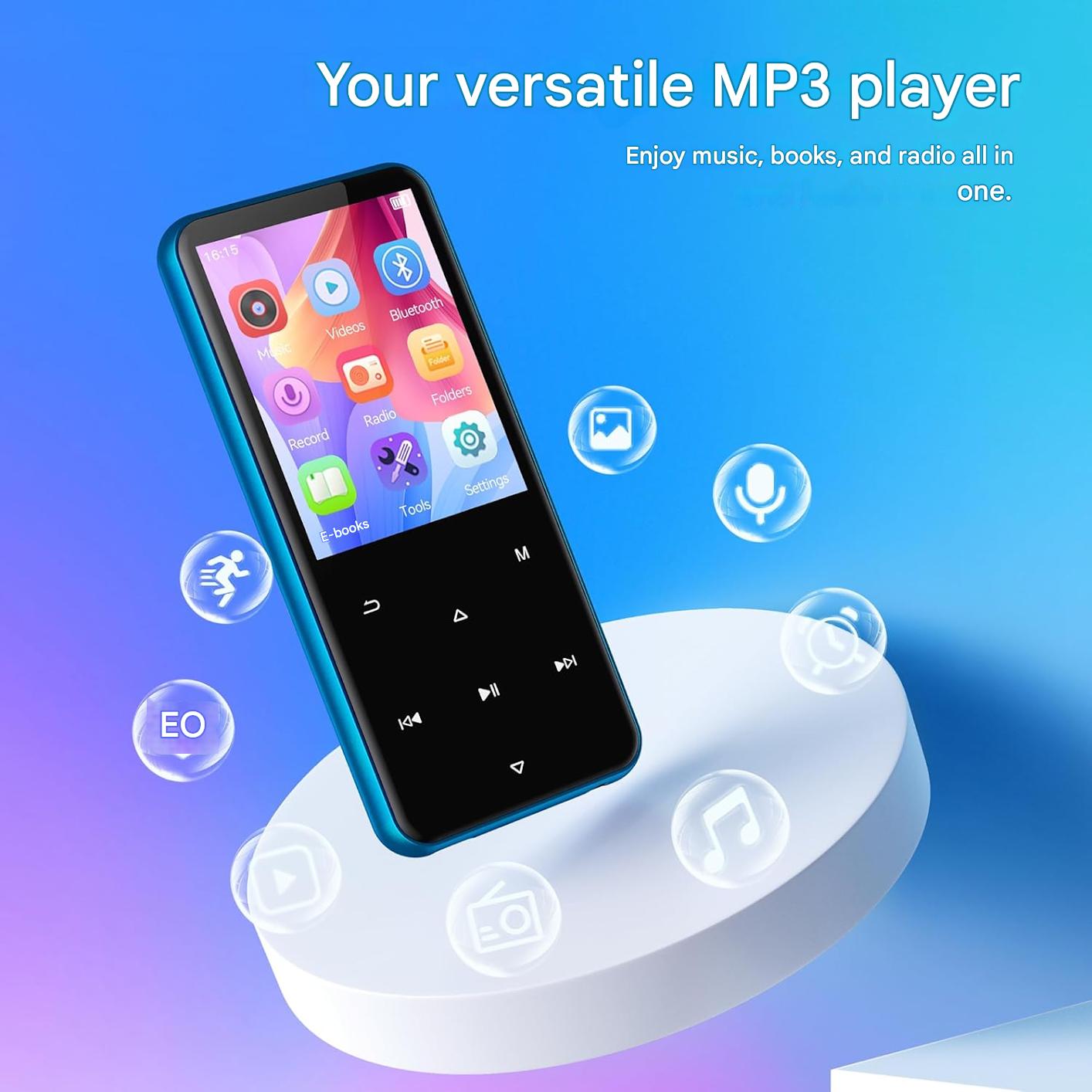 Player MP3 Agptek 64 GB, Bluetooth 5.3, ecran 2.4 inch, set cu casti si cablu USB Type C, suporta card pana la 128GB, butoane tactile, difuzor, Radio FM, E-Book, alarma, albastru
