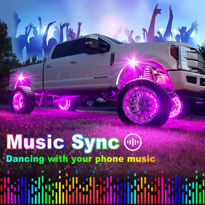 Set 4 lumini ambientale auto LED RGB, control prin aplicatie si telecomanda, sincronizare muzica, aprindere la franare, impermeabile IP68, pentru SUV offroad, camioneta, ATV, motocicleta, carenaj auto