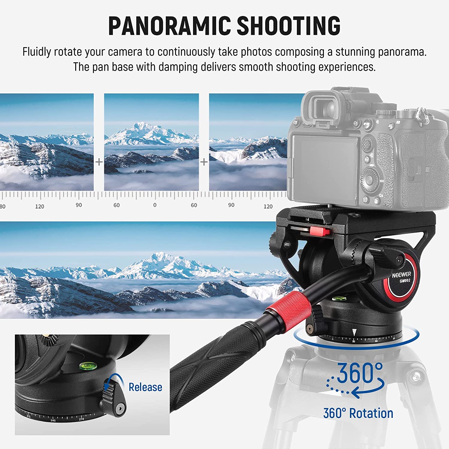 Cap video fluid pentru trepied, monopied sau slider, cu placa eliberare rapida, maner telescopic, baza gradata pentru panorama, pentru camere video, Neewer GM002