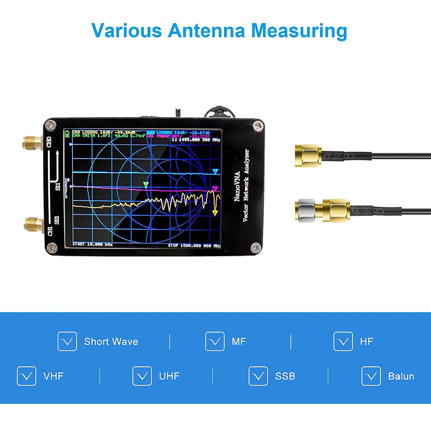 Analizor vectorial de retea mini, banda 50KHz-900MHz, ecran tactil LCD 2,8 inci, antena HF VHF UHF