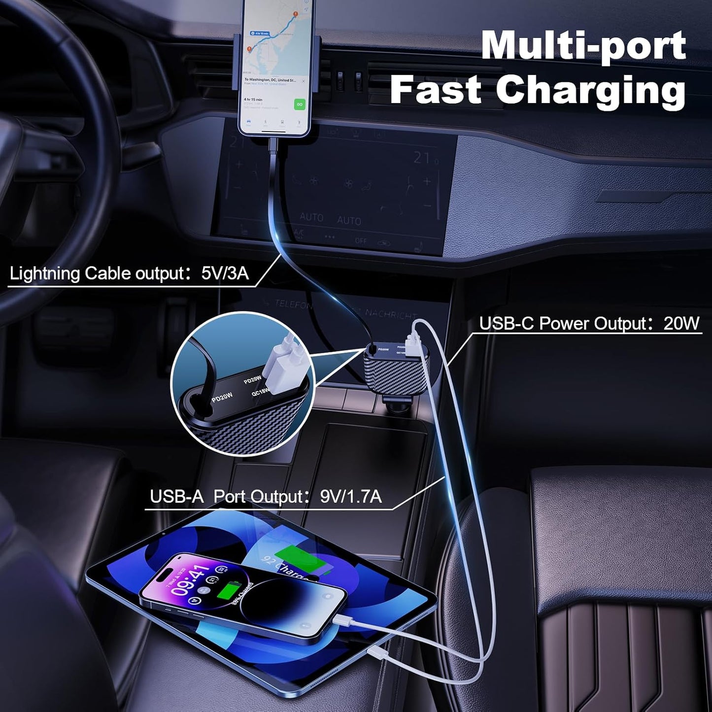 Incarcator auto 3 in 1 fast charge 58W cu cablu Lightning retractabil de 90 cm, port USB-C si port USB-A, iPhone 16, 15, 14, 13 Pro