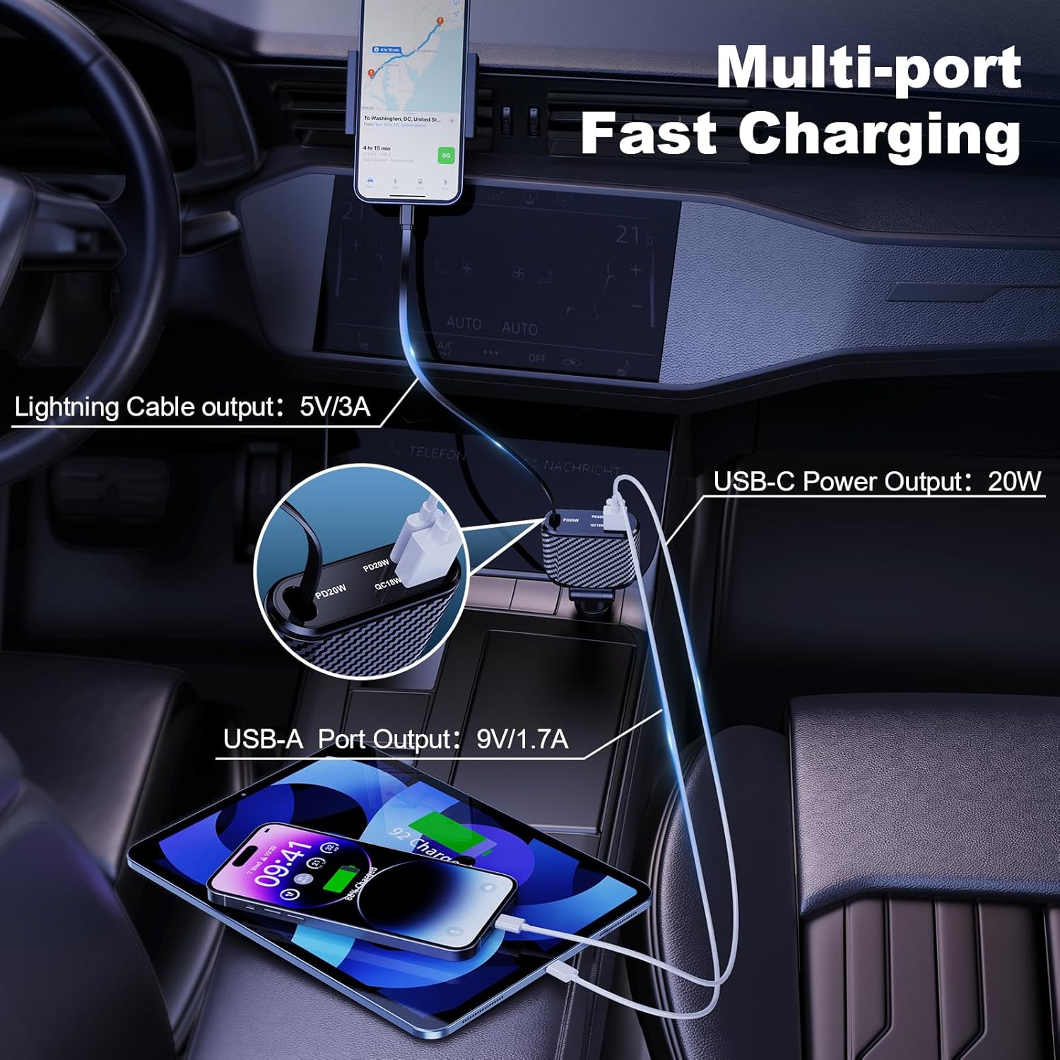 Incarcator auto 3 in 1 fast charge 58W cu cablu Lightning retractabil de 90 cm, port USB-C si port USB-A, iPhone 16, 15, 14, 13 Pro