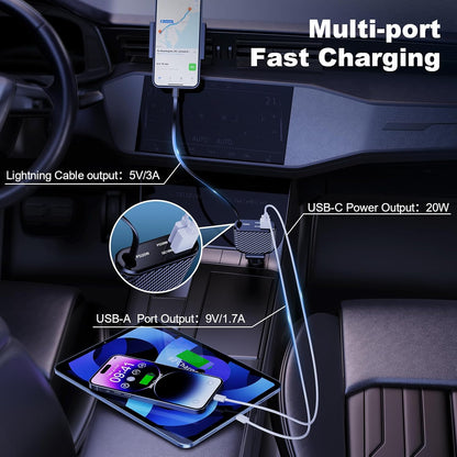 Incarcator auto 3 in 1 fast charge 58W cu cablu Lightning retractabil de 90 cm, port USB-C si port USB-A, iPhone 16, 15, 14, 13 Pro