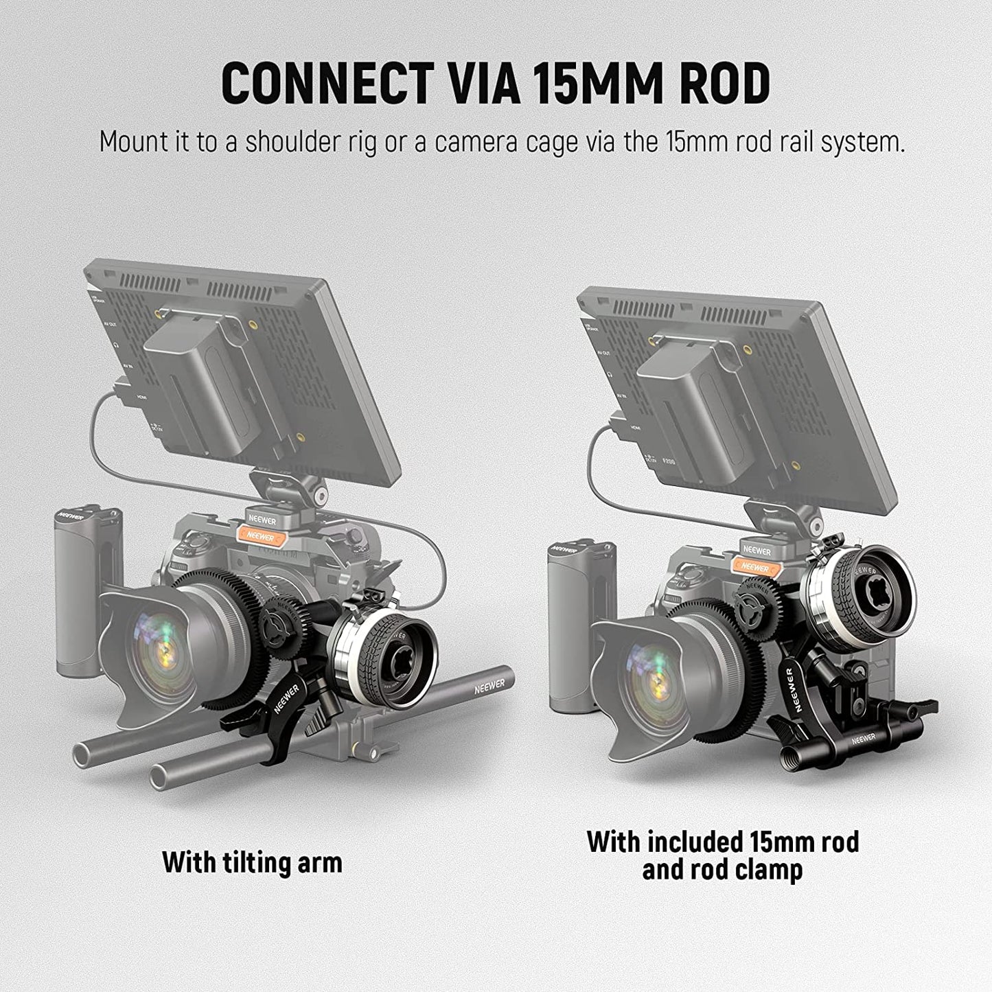 Adaptor follow focus mini pentru obiectiv de pana la 114 mm, cu tija de 15 mm si clema, cu opritoare A/B, pentru cage, camera foto mirrorless, DSLR, Neewer PG001