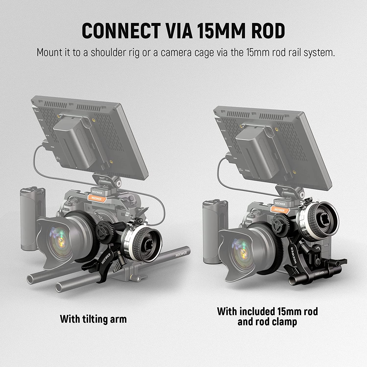Adaptor follow focus mini pentru obiectiv de pana la 114 mm, cu tija de 15 mm si clema, cu opritoare A/B, pentru cage, camera foto mirrorless, DSLR, Neewer PG001