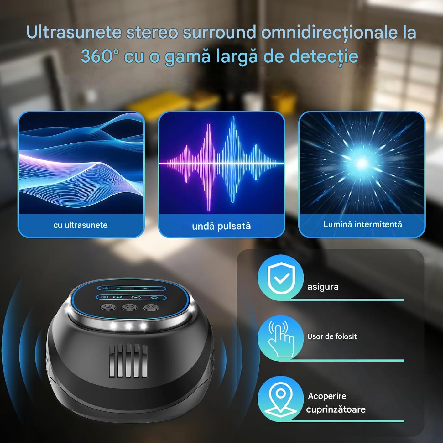 Aparat antidaunatori 360° cu ultrasunete si lumini LED, repellent anti insecte, anti gandaci, anti rozatoare, anti sobolani, raza 300 m², 4 moduri functionare, negru