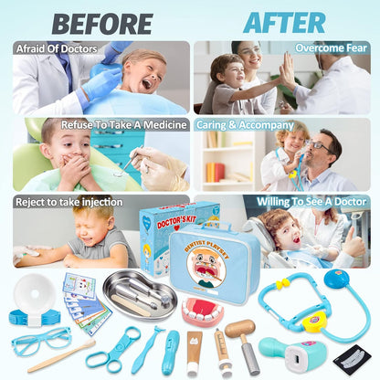 Trusa medicala de jucarie, set dentist cu geanta, termometru, stetoscop, ochelari, sort, model cu dinti, reflector, lanterna, masca, jucarie de rol, pentru copii peste 3 ani