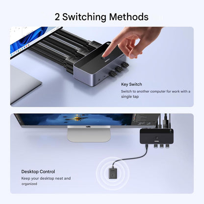 Comutator KVM UGREEN pentru 2 PC-uri si 3 monitoare, HDMI 2.1 + 2x DisplayPort 1.4, rezolutie 8K@60Hz / 4K@240Hz, 4 porturi USB 3.0 5Gbps, controler Desktop si buton comutare, compatibil Windows/Linux, HDR10, G-Sync, VRR, include cabluri