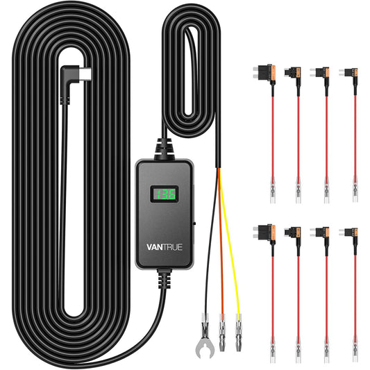 Kit cablu USB-C pentru camera de bord VanTrue, alimentare fixa hardwire 12V/24V la 5V, mod parcare 24/7, protectie la descarcare baterie, afisaj tensiune in timp real, compatibil dashcam si GPS