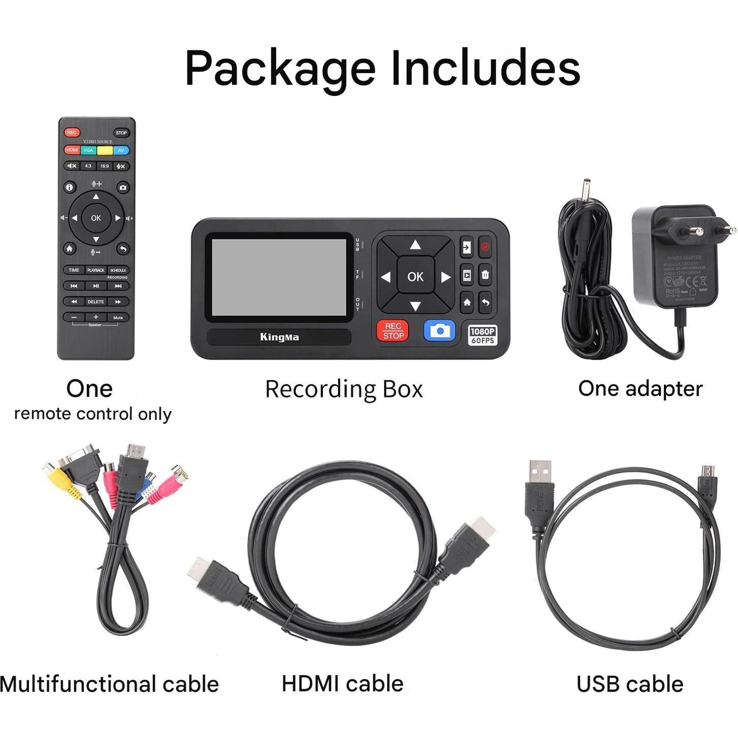 Placa de captura video 1080P, video grabber HDMI/VCR/VHS/RCA/DVD/DVR/camere video/Hi8 si alte dispozitive in format digital, stocare TF/SD/USB, cu dubla alimentare, acumulator NP-F550/F750/F970, cu display si telecomanda