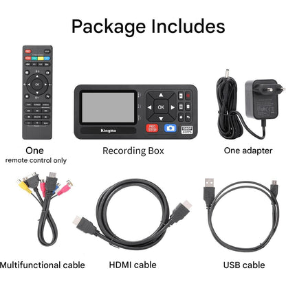 Placa de captura video 1080P, video grabber HDMI/VCR/VHS/RCA/DVD/DVR/camere video/Hi8 si alte dispozitive in format digital, stocare TF/SD/USB, cu dubla alimentare, acumulator NP-F550/F750/F970, cu display si telecomanda
