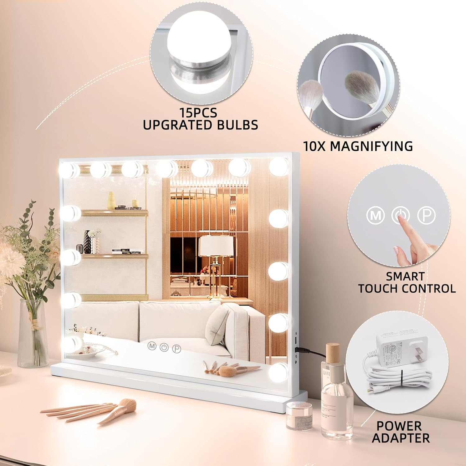Oglinda machiaj cosmetica profesionala, 58 x 48 cm, cu 15 lumini LED, 3 temperaturi culoare alb cald-alb rece, luminozitate reglabila, cu port USB, cu stand si prindere in perete