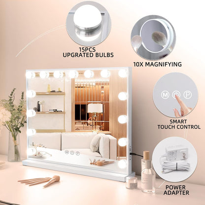Oglinda machiaj cosmetica profesionala, 58 x 48 cm, cu 15 lumini LED, 3 temperaturi culoare alb cald-alb rece, luminozitate reglabila, cu port USB, cu stand si prindere in perete