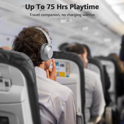 Casti wireless Over the Ear Bluetooth, Noise Cancelling ANC, sunet Hi-Fi, microfon, timp redare pana la 75 ore, Bass Music, argintiu