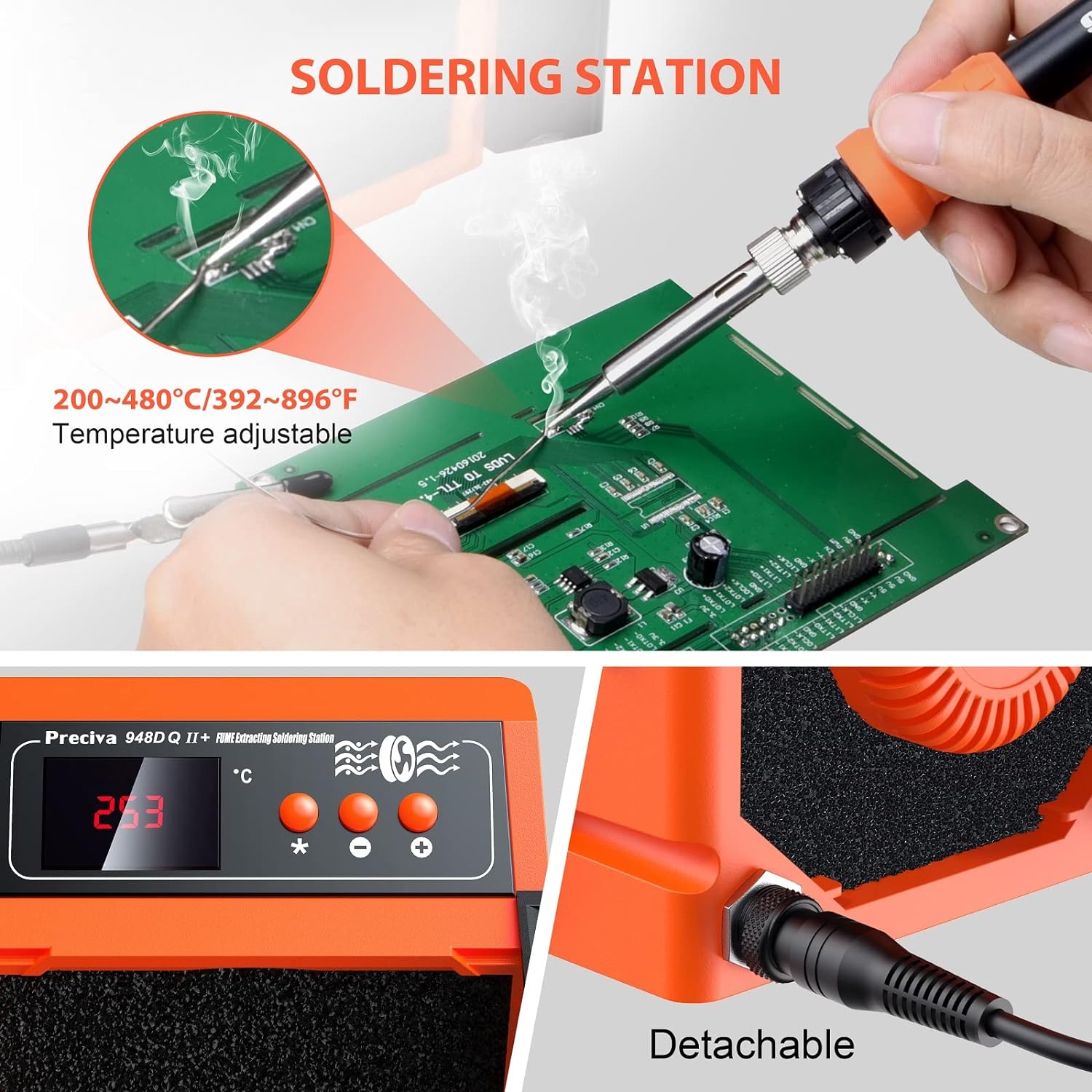 Statie de lipit 2 in 1 cu Extractor fum, Afisaj LCD, 200-480°C, Letcon, 8 filtre cu carbon activ, 5 capuri lipire, 2 cleme de fixare, Mod standby, Preciva 948DQ-I