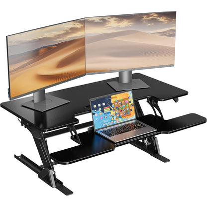 Suport de birou reglabil Bontec, 107x52.2cm, capacitate 15kg, arc dublu, reglaj inaltime 15–44 cm, pentru statie de lucru cu doua monitoare, negru