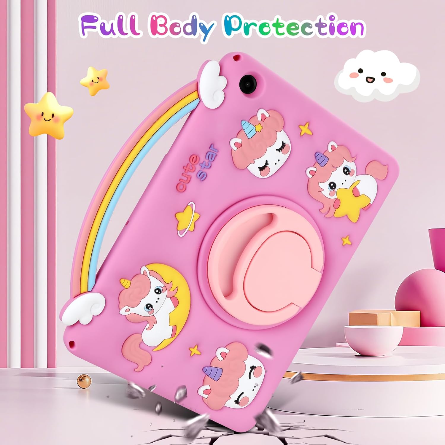 Husa Coolden 3D unicorn pentru tabletă, silicon, suport rotativ, curea de umăr, 11 inch
