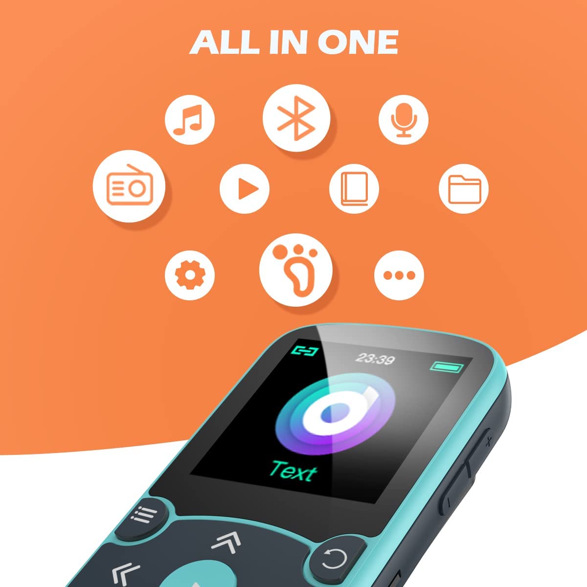 MP3 Player 32 Gb Agptek cu Bluetooth 5.0, cu ecran 1,5 inch, cu clema de prindere, Radio FM, inregistrare, alarma, cronometru, accepta card pana la 128 Gb