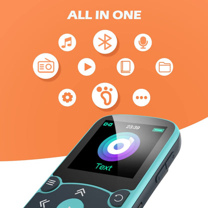 MP3 Player 32 Gb Agptek cu Bluetooth 5.0, cu ecran 1,5 inch, cu clema de prindere, Radio FM, inregistrare, alarma, cronometru, accepta card pana la 128 Gb
