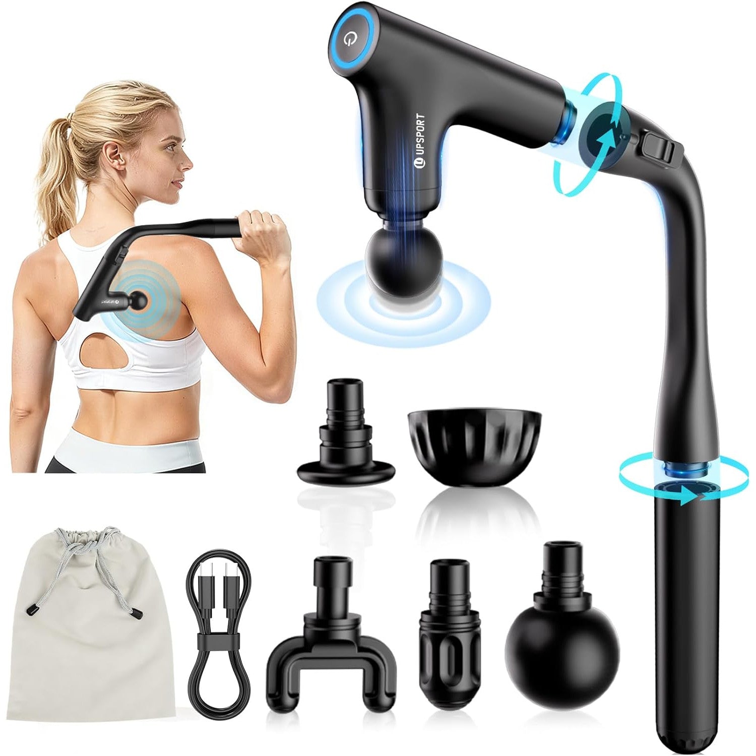 Aparat de masaj muscular tip pistol YIXISI, 4 niveluri de viteza, mod turbo, motor fara perii silentios, maner extensibil, include 4 capete speciale de masaj, pentru spate, umeri si corp, relaxare profunda si recuperare musculara