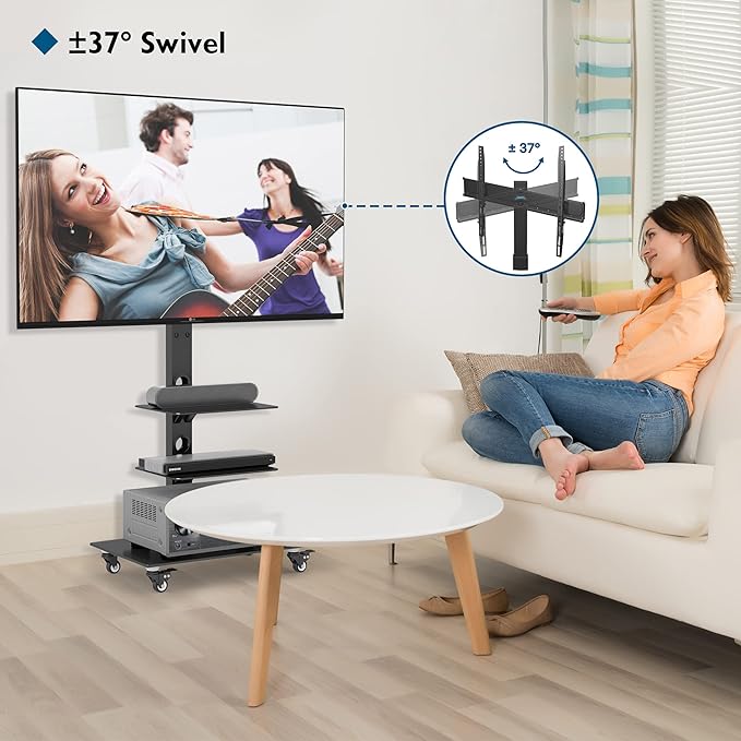 Suport TV BONTEC cu roti pentru ecrane Plasma/LCD/LED de 30-70 inch, pana la 40 kg, 6 reglaje de inaltime cu rafturi din sticla securizata cu 3 niveluri, MAX VESA 600 x 400 mm