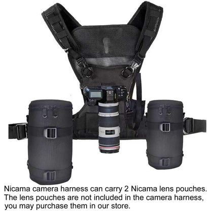 Curea de transport cu suport dublu pentru camere DSLR, compatibila cu Canon 6D, 5D Mark II/III, Nikon D800, D810, Sony A7S, A7R, A7S II, Sigma, Olympus, butuci de montare, toc lateral pentru acces rapid si curele de siguranta reglabile