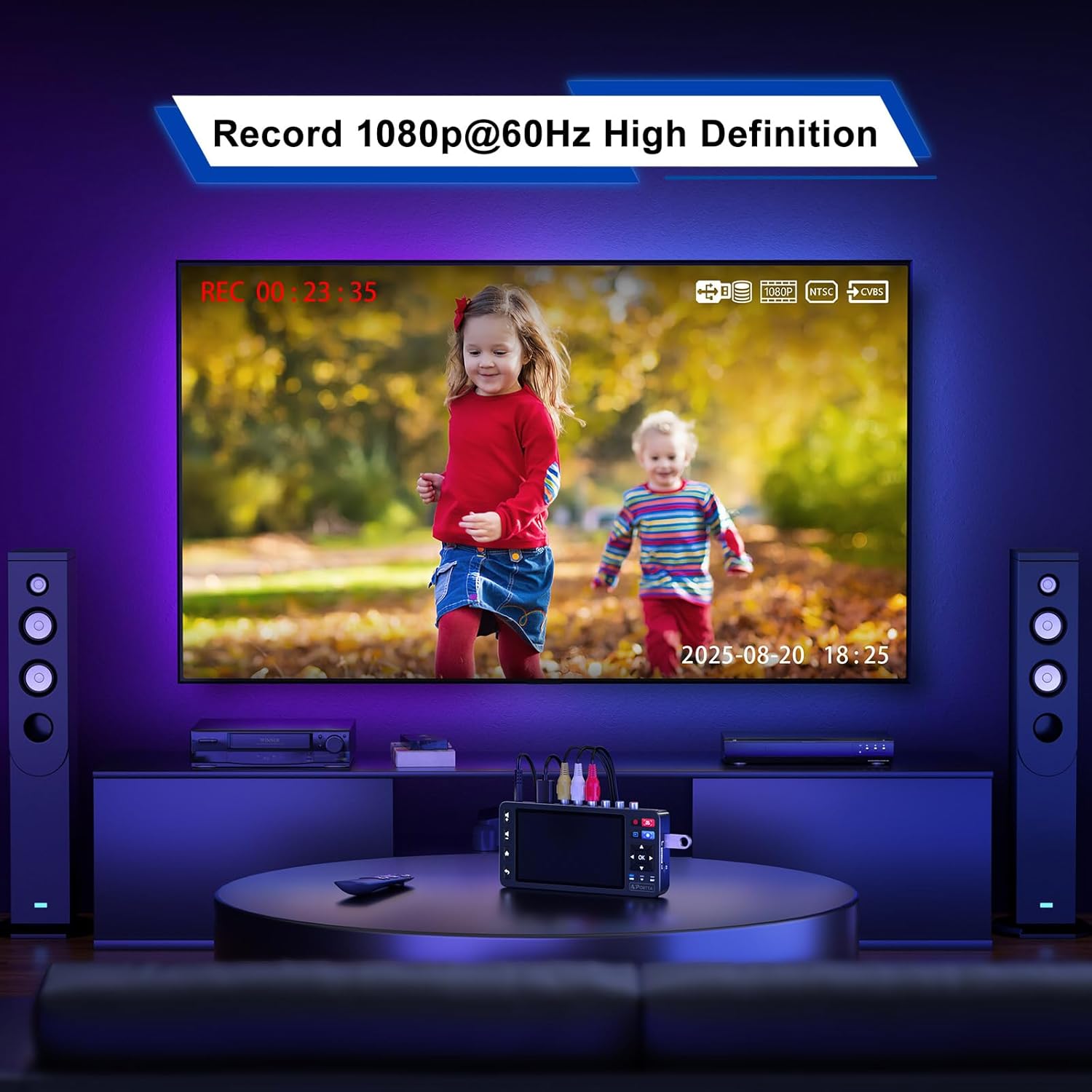 Placa de capura video 1080P – digitalizare casete video grabber VHS/VCR/Hi8/MiniDV/DVR/DVD/camere video/console jocuri si alte dispozitive in format digital, suporta intrari AV/YPbPr/AUX, stocare USB, cu display si telecomanda