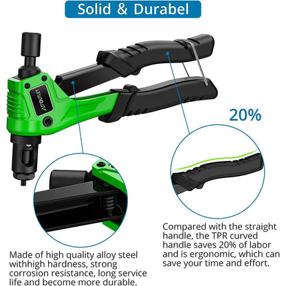 Set cleste pentru nituit piulite nituibile, cu mandrine M3, M4, M5, M6 si 100 de nituri, cleste 200 mm din otel cu maner din TPR