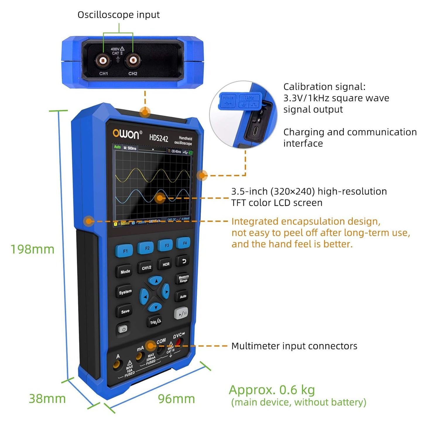 Osciloscop portabil, cu functie multimetru digital cu 20000 counts, ecran 3.5 inch, latime de banda cu 2 canale 40 MHz, 10000wfrms/s, acumulator 4400 mAh, multifunctional