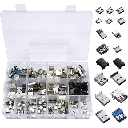 Kit adaptoare USB A/C/Micro USB 180 piese AYWHP, USB 2.0 si 3.0, conectori mascul/femela pentru lipire si reparatii electronice DIY, compatibil PC, Laptop si dispozitive mobile