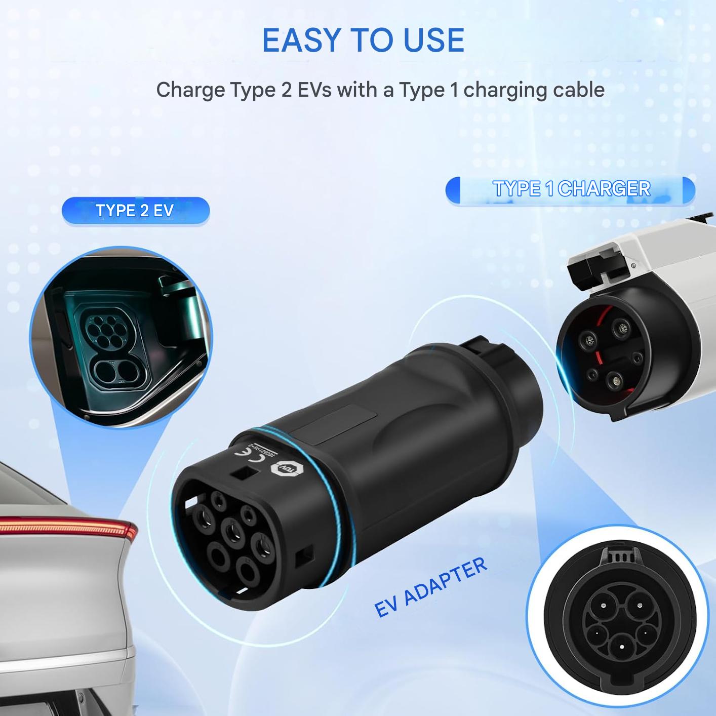 Adaptor mufa EV de la Type 1 la Type 2, adaptor de la SAE J1772 la IEC 62196, 32/16A, pentru masini electrice/hibride, monofazic