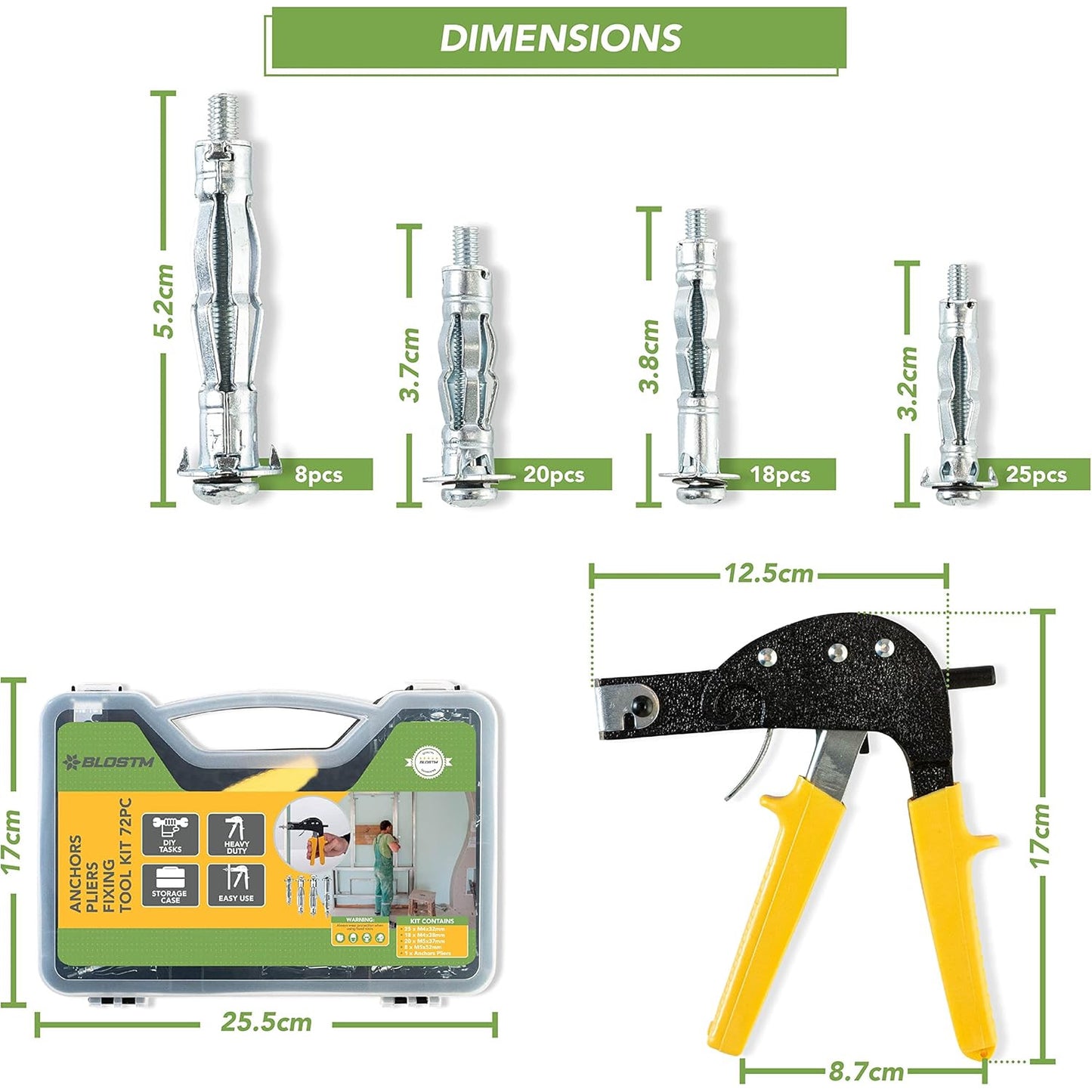 Pachet de 72 de conexpand-uri, cleste de montare, set de dibluri pentru cavitati cu cleste, pistol de atasare a diblurilor pentru cavitati, set de cleste pentru nituri cu geanta de transport