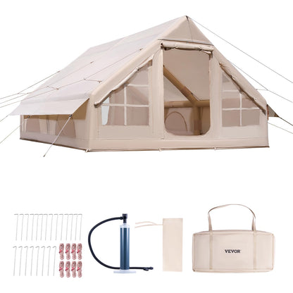 Cort gonflabil pentru camping VEVOR 4x3x2m, capacitate 5-8 persoane, material Oxford 300D impermeabil PU3000, montaj rapid cu pompa inclusa, 2 usi si 4 ferestre cu plasa, cu geanta transport
