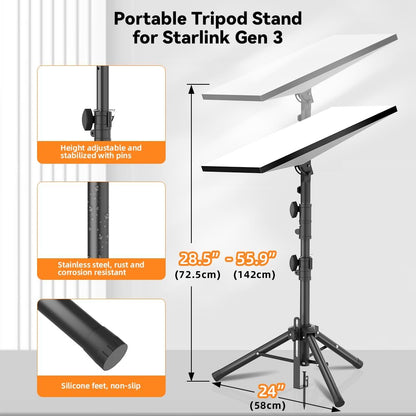 Suport pentru antena Starlink Gen 3 cu trepied reglabil 90–180°, inaltime 134 cm, otel inoxidabil, ultra-stabil cu tarusi, portabil pentru camping, curte si calatorii