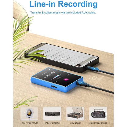 MP3 Player 32 Gb cu Bluetooth 5.0, touchscreen 2,4 inch, sunet HiFI, difuzor, Radio FM, portabil, accepta card pana la 128 Gb, albastru
