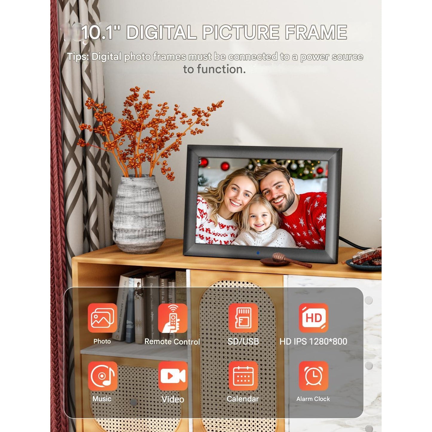 Rama foto digitala de 10, 1 inch, IPS 1280 x 800, fara WiFi, cu telecomanda, suporta USB sau card SD 128 GB, rotire automata, player foto, muzica, video