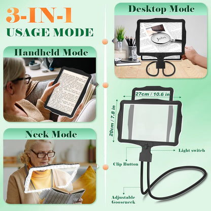 Lupa hands-free 10x, reincarcabila, lentila mare 27x20 cm, 50 LED-uri cu iluminare reglabila, gat flexibil de lebada, versatilitate 3 in 1 pentru citit, cusut, reparatii