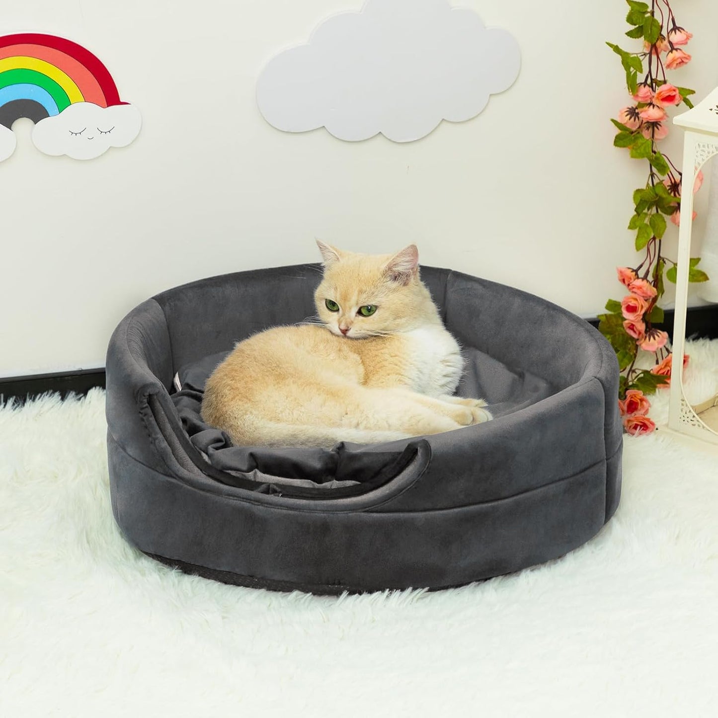 Patut caini si pisici 2 in 1, culcus pliabil pentru animale de companie mici, forma casuta si pat, din bumbac si tesatura de catifea, gri inchis