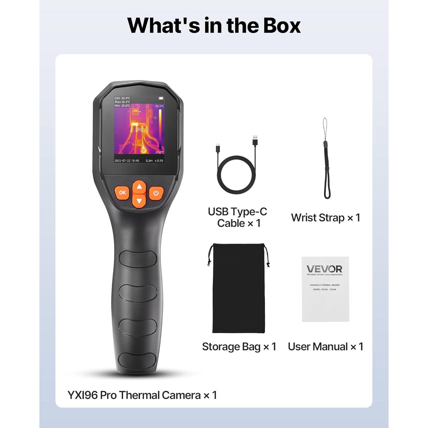 Camera termoviziune VEVOR, TISR 240x180, IR 96x96, camera 2MP, 25Hz, -20°C pana la 550°C, lanterna LED, IP54, 8GB, USB, pentru HVAC, electricieni si inspectii industriale