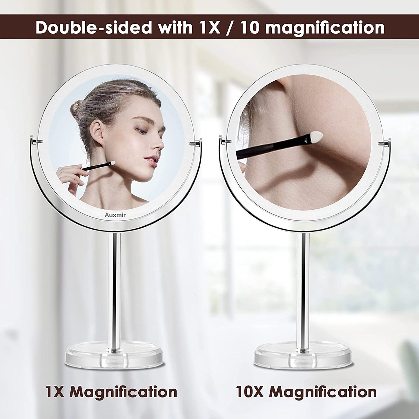 Oglinda cosmetica cu marire 10X, pivotare 360°, 131 mm, din metal, finisaj cromat, cu ventuze, Auxmir